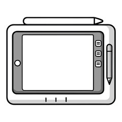 Outline illustration of a drawing tablet with a stylus isolated on white background