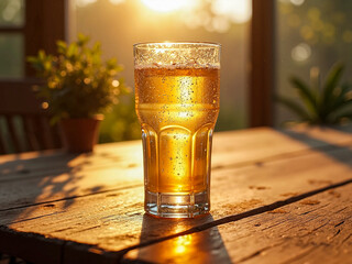 Golden Beer Glass on Wooden Table in Warm Sunlight Refreshing Summer Beverage Outdoors