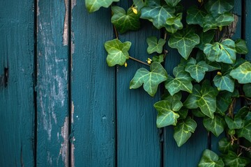 Green ivy climbs weathered teal wood
