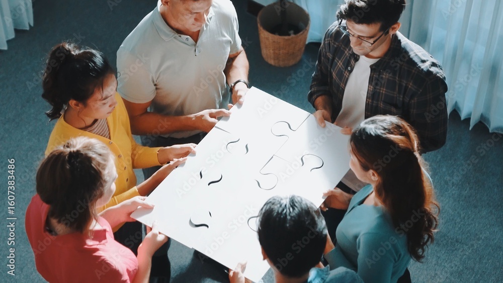 Poster top view of smart business people put last piece of jigsaw puzzle together to complete puzzle and st