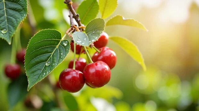 Ripe cherry growing on tree with green leaves and drops. Fresh cherry has rich, sweet taste making them ideal for snacking, baking, preserving, and creating delicious jams, pies, and other desserts.