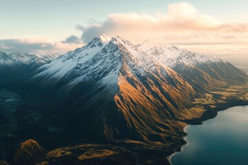 Majestic snow-capped mountains at dawn, aerial view.  A vast landscape of rugged peaks,  covered in snow and bathed in golden light.  Valleys and farmland stretch to a tranquil lake