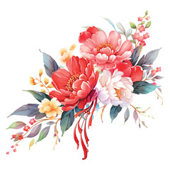 Beautiful bouquet of pink lilies, dahlias, and chrysanthemums blooming in a summer garden