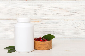different drugs and health supplement pills with medicine bottle health care and medical top view....