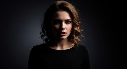 Dramatic portrait of a young woman with curly hair in dark lighting