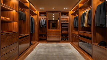 A luxurious walk-in closet with custom wooden shelves and glowing display cases showcasing elegant jewelry and accessories.

