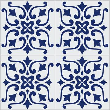 Ceramic tiles. Hydraulic ceramics with Portuguese and Spanish motifs. Digital design. Blue and white floral decorative ornament.