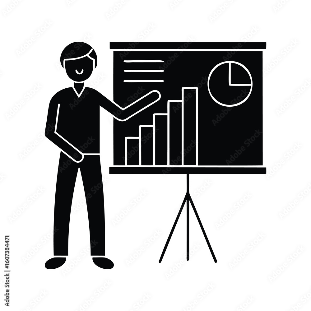 Aufkleber man presenting a bar graph and pie chart on a presentation board