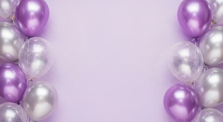 Fototapeta premium Elegant purple and silver balloons float against a soft lavender background with subtle glitter accents.