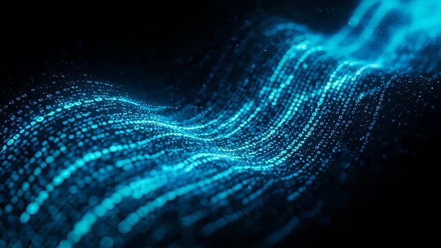 Abstract Digital Data Stream Visualized as Wavy, Flowing Binary Code Background