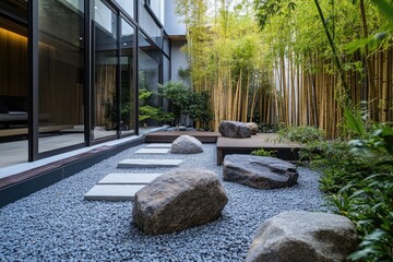 Modern zen garden with gray gravel, stepping stones, and large rocks
