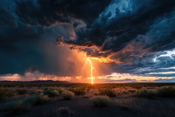Dramatic lightning strike over a desert landscape at sunset