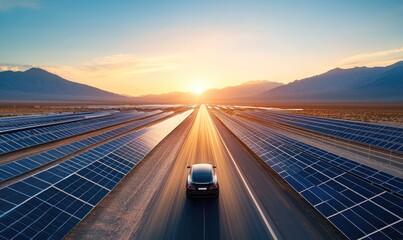 Fototapeta premium Electric vehicle on a road amidst solar panels at sunset