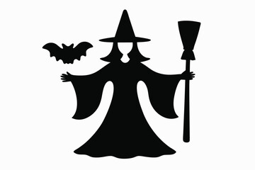 Black Witch Silhouette with Bat and Broom Halloween