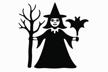 Black Witch Silhouette with Bat and Tree on White Halloween