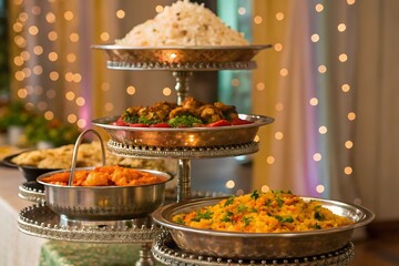 A tiered display of indian wedding cuisine presents a colorful array of dishes, including rice, vegetables, and curries, beautifully arranged on stainless steel platters with soft lighting