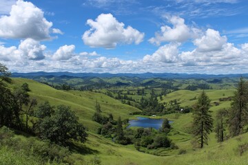 Fototapeta premium Expansive verdant rolling hills under a bright blue sky with fluffy white clouds and a serene pond