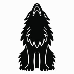 Black wolf silhouette howling upwards on white background
