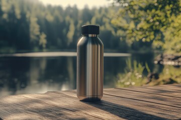 Sleek, metallic water bottle on a wooden dock, serene forest backdrop
