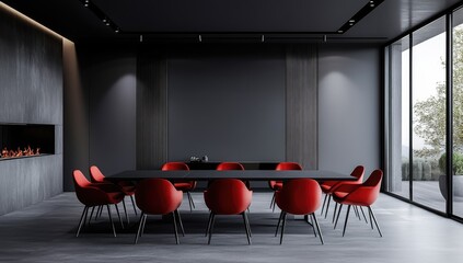 Dark modern dining room with red chairs