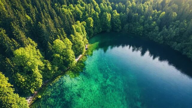 Emerald Waters: A picturesque scene unfolds as sunlight graces a tranquil lake embraced by lush greenery, showcasing the serenity and unspoiled beauty of the natural world.
