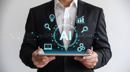 Man in suit holding tablet with ai graphic overlay and icons surrounding the central design