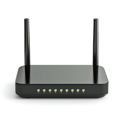 A black wireless router with two antennas on a white background.