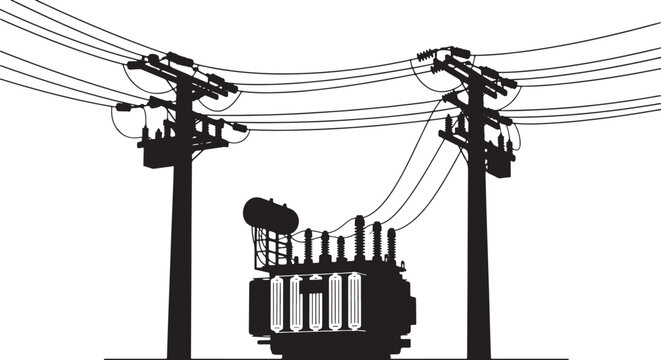 Black silhouette of electrical transformer on poles with wires, electricity, power, transformer, pole, utility pole, power line, transmission, distribution, energy, infrastructure, electrical, high vo