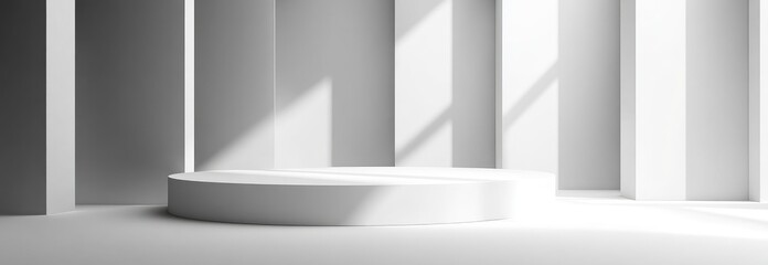 Empty white pedestal in a minimalist, sunlit room
