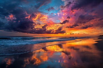 Obraz premium Dramatic Beach Sunset with Reflections.