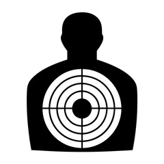 Black and white silhouette of a human target with concentric rings