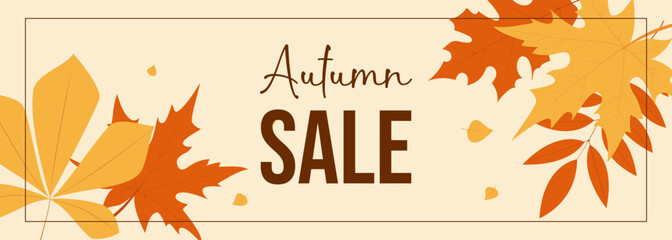 Horizontal banner for autumn sale with fall leaves. Vector illustration template for seasonal discounts in stores, promoting fall sales and special offers