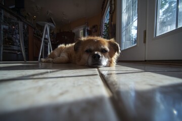 Dog resting indoors: cool tiles and window sunlight harmony. Sun protection. Ensuring safety for pets during sunny days to prevent health issues. Dog hygiene tips. Ear health.