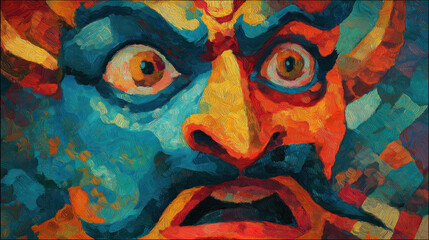 Ravana depicted in Expressionism style, torn between rage and sorrow