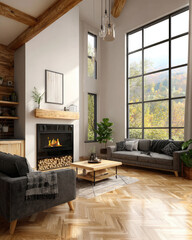 Cozy Modern Living Room with Fireplace and Large Windows Overlooking Autumn Landscape
