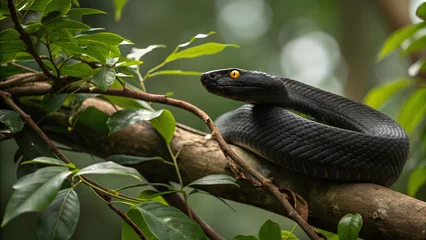 Mysterious Black Snake Coiled on Branch in Jungle Setting With Intense Yellow Eyes © Majorilla