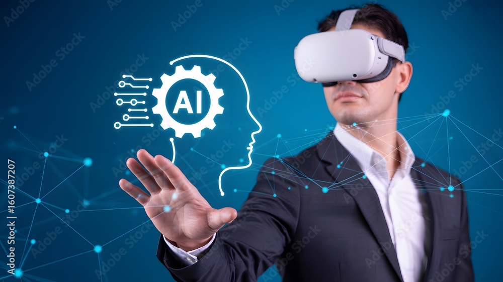 Fototapete man in vr headset with ai graphic overlayed in a suit reaching out on a blue background design art