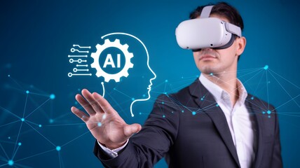 Man in vr headset with ai graphic overlayed in a suit reaching out on a blue background design art