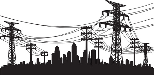 Black silhouette of power lines and city skyline electricity, power lines, electricity, transmission tower, cityscape, skyline, urban, infrastructure, industrial, energy, power, high voltage, cables, 