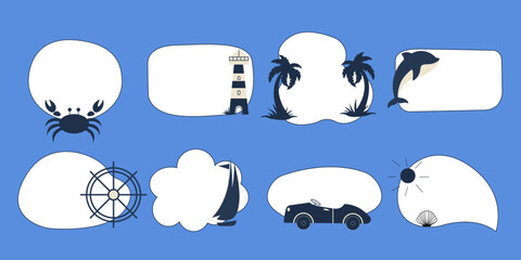 Set of summer-themed speech bubble frames with travel and sea decorations: crab, lighthouse, palm trees, dolphin, steering wheel, sailboat, car, shell. Flat cartoon vector style on blue background