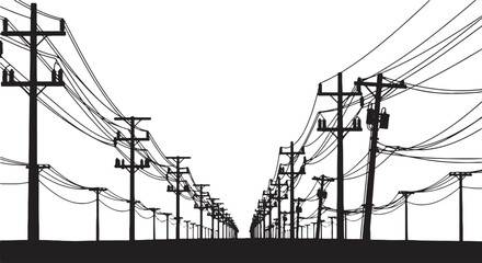 Black silhouette of power lines and poles receding into distance, power lines, electricity, poles, utility poles, wires, transmission lines, infrastructure, black and white, silhouette, perspective, r