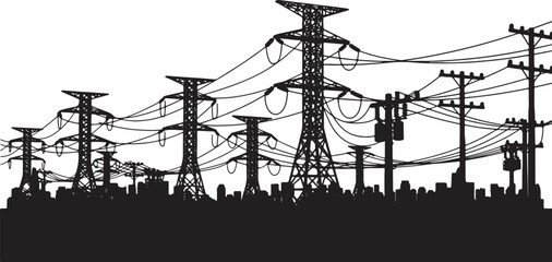 Black silhouette of power lines and pylons over city skyline, electricity, power lines, pylons, transmission towers, utility poles, city, skyline, urban, infrastructure, energy, industrial, black and 