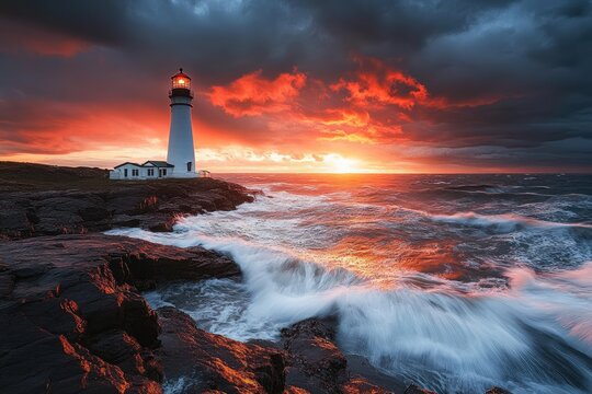 Dramatic sunrise over stormy ocean with lighthouse - Powered by Adobe