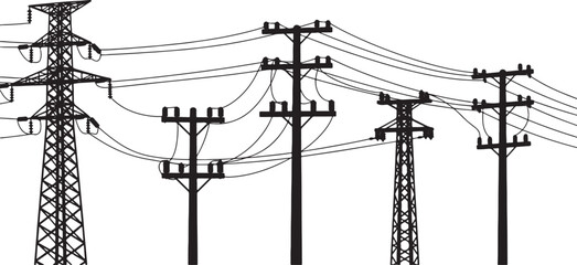 Black silhouette of power lines and transmission towers, power line, electricity, transmission tower, pylon, utility pole, infrastructure, energy, high voltage, electrical, power, grid, network, conne