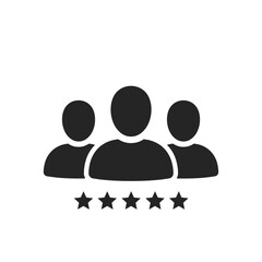 User rating icon with three figures and five stars below  