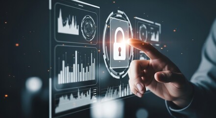 Finger activating digital padlock on futuristic interface with data graphs and charts