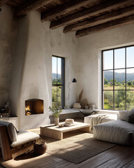 Modern Minimalist Living Room with Cozy Fireplace and Scenic Views of Nature