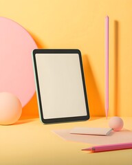 Stylish Graphic Designer Table with Tablet and Color Blocks for Creative Branding Projects, A vibrant and modern workspace featuring geometric shapes on a warm orange background