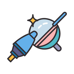 Stylized fishing float and lure illustration on black backdrop