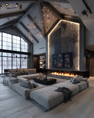 Luxurious, Modern Living Room with Cozy Fireplace and Elegant Design Elements in Winter Landscape